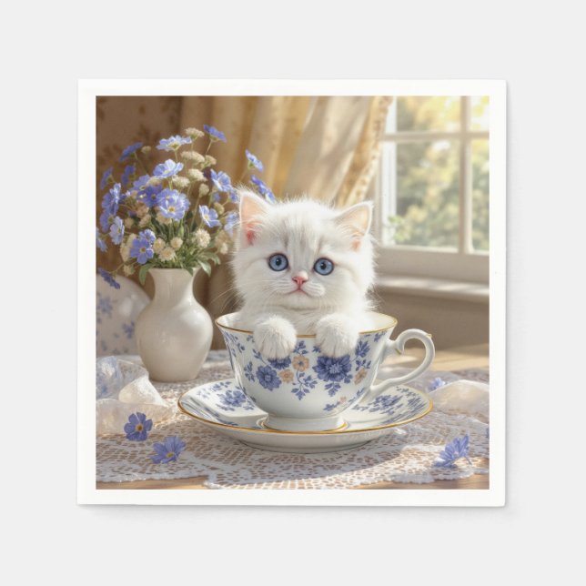White Kitten In a Teacup Napkin (Front)