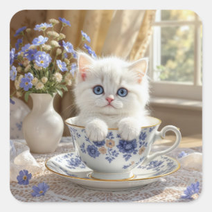 White Kitten In a Teacup Square Sticker
