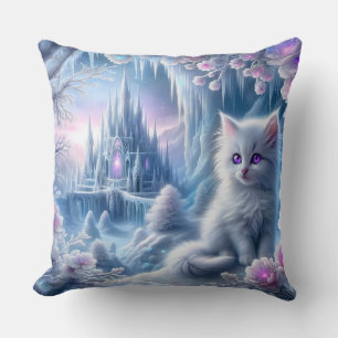 White Kitten in Fantasy Ice Kingdom Cushion