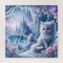 White Kitten in Fantasy Ice Kingdom