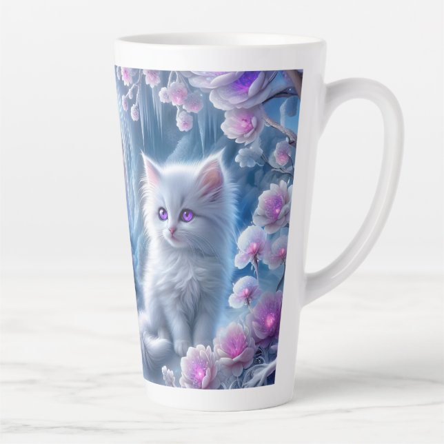 White Kitten in Fantasy Ice Kingdom Latte Mug (Right)