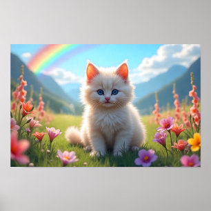 White Kitten in Scenic Fantasy Meadow Poster