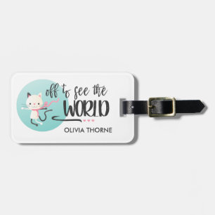 White Kitten Off to See the World Custom Name Luggage Tag