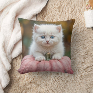 White Kitten On Pink Pumpkin Cushion