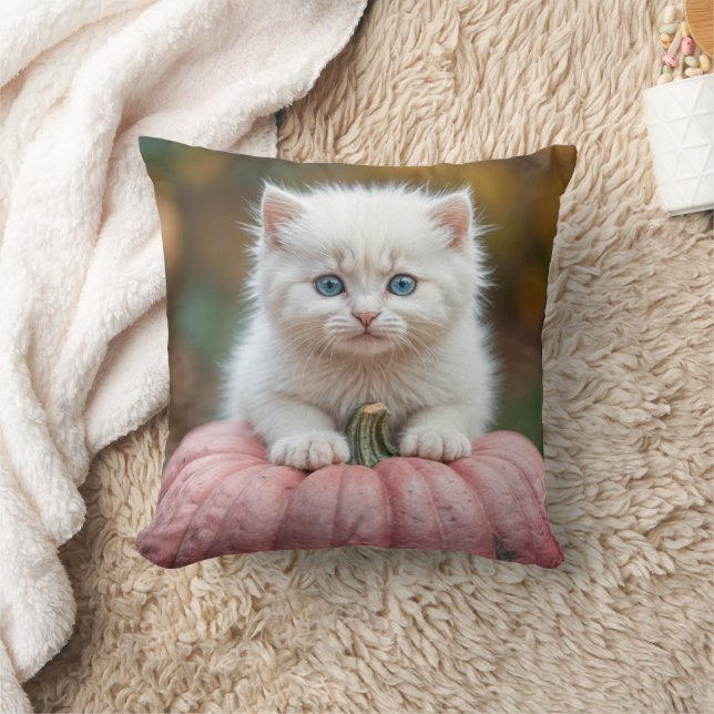 White Kitten On Pink Pumpkin Cushion (Blanket)