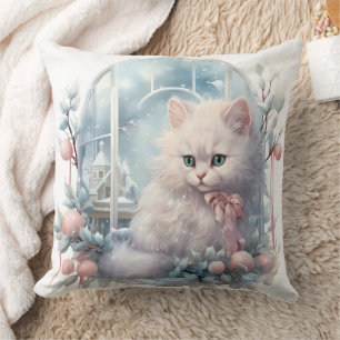 White Kitten Pink Bow and Balls Cushion