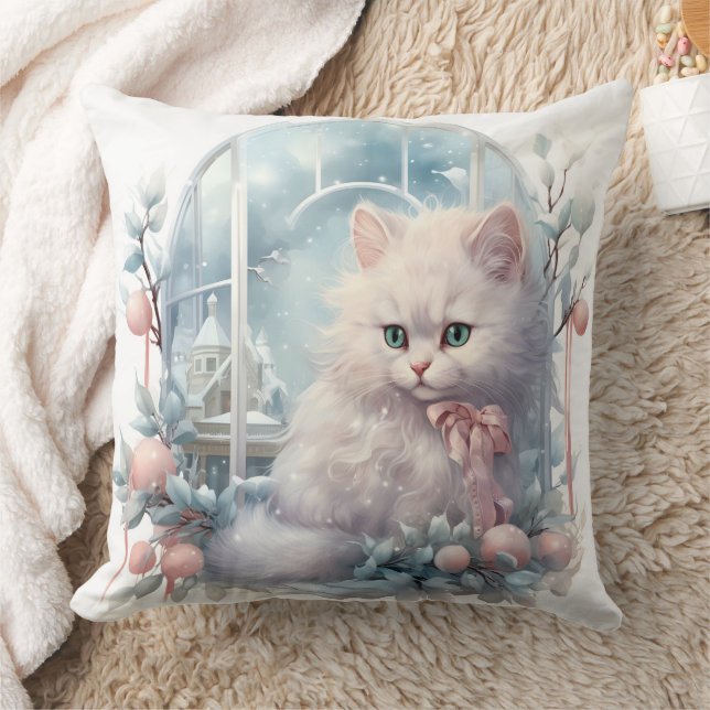 White Kitten Pink Bow and Balls Cushion (Blanket)