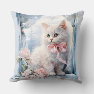  White Kitten Pink Bow Cushion
