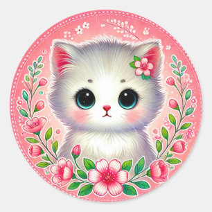 🐱 White Kitten Pink Flowers Gift For Cat Lover 🎁 Classic Round Sticker