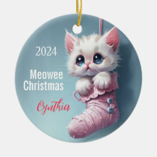 White Kitten Pink Stocking Personalised Ornament 