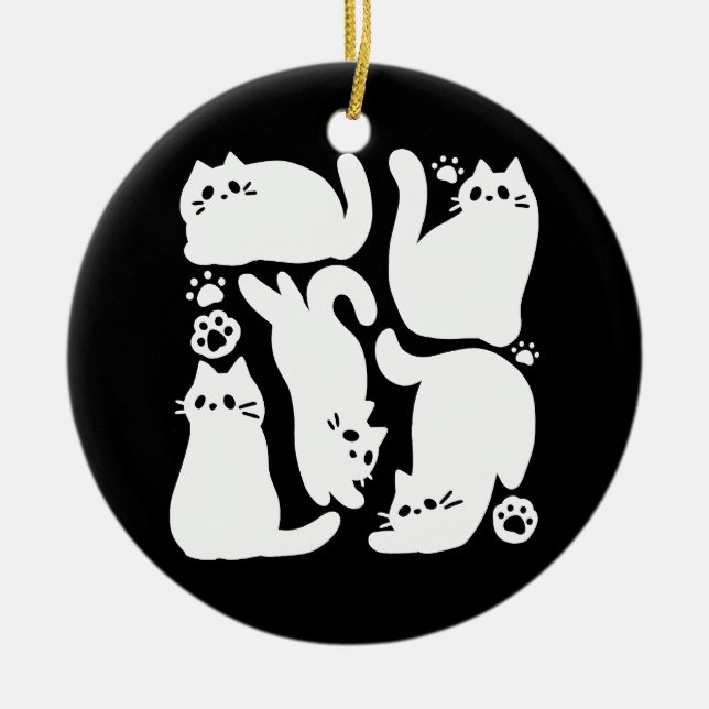 White Kitten Silhouettes - Cute Feline Design Ceramic Ornament (Front)