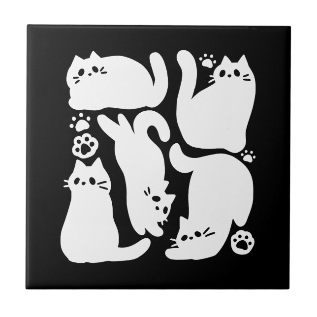 White Kitten Silhouettes - Cute Feline Design Ceramic Tile (Front)