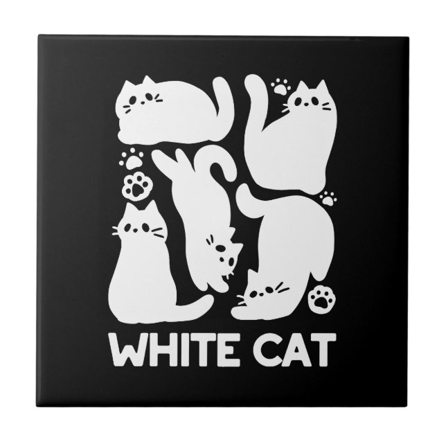 White Kitten Silhouettes - Cute Feline Design Ceramic Tile (Front)