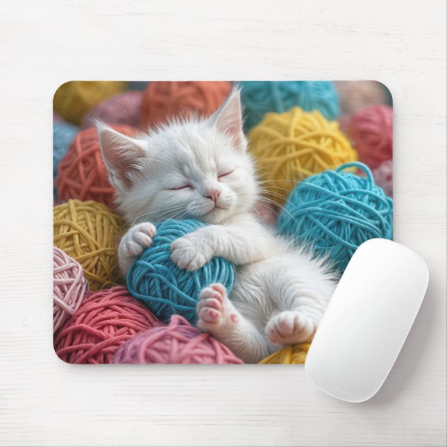 White Kitten Sleeping In Yarn Balls Mouse Pad (With Mouse)