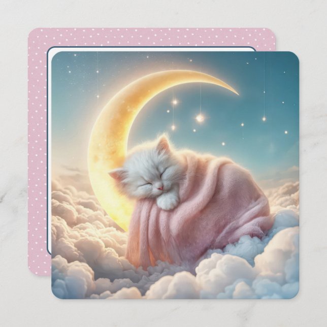 White Kitten Sleeping On a Crescent Moon Invitation (Front/Back)
