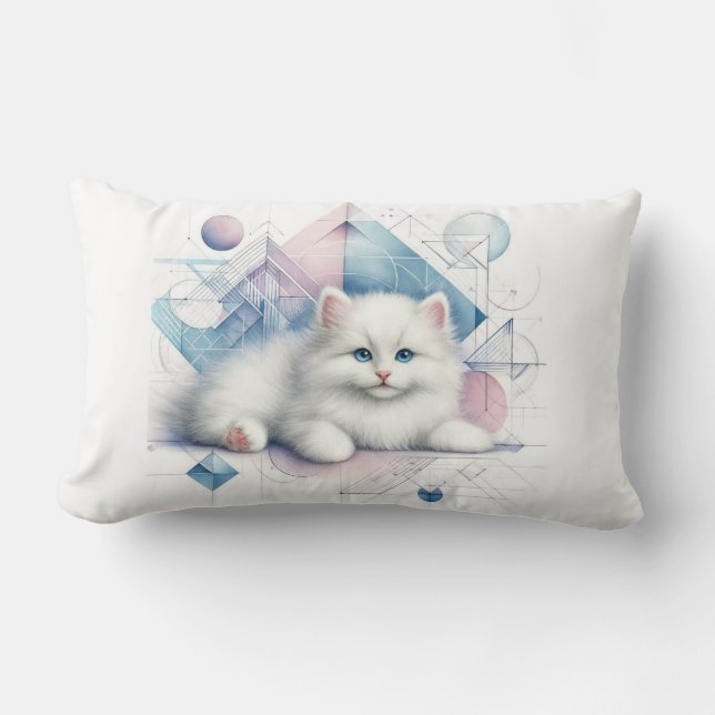 White Kitten Throw Pillow with Geometric Art (Front)
