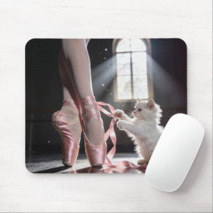 White Kitten Untying a Ballerina Slipper Mouse Pad