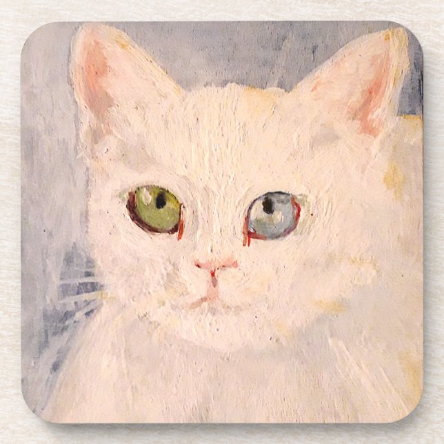 White Kitten with Blue Eye and Green Eye  Beverage Coaster (Front)
