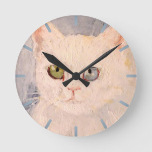 White Kitten with Blue Eye and Green Eye Round Cl Clock