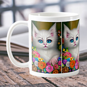 White Kitten With Flowers Coffee Mug