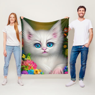 White Kitten With Flowers Fleece Blanket