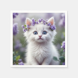 White Kitten With Lilac Laurel Napkin