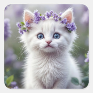 White Kitten With Lilac Laurel Square Sticker