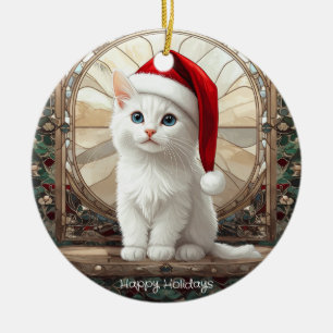 White Kitten with Santa Hat Ceramic Ornament