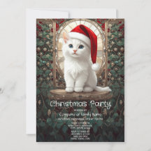 White Kitten with Santa Hat Holiday Party