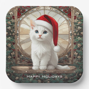 White Kitten with Santa Hat Paper Plate