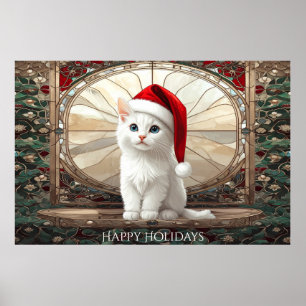 White Kitten with Santa Hat Poster