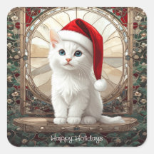 White Kitten with Santa Hat Stickers
