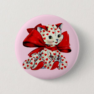 White kitty Cat With hearts Vintage Valentines Art 6 Cm Round Badge