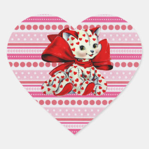 White kitty Cat With hearts Vintage Valentines Art Heart Sticker