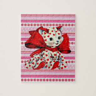 White kitty Cat With hearts Vintage Valentines Art Jigsaw Puzzle