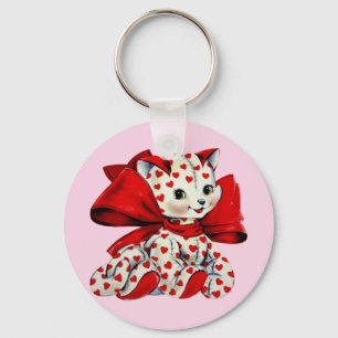 White kitty Cat With hearts Vintage Valentines Art Key Ring
