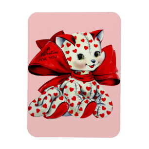 White kitty Cat With hearts Vintage Valentines Art Magnet