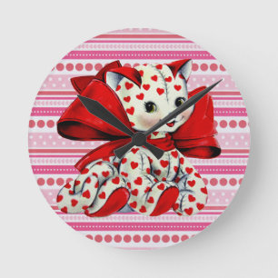 White kitty Cat With hearts Vintage Valentines Art Round Clock