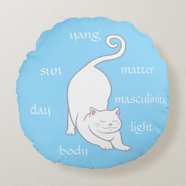 White Kitty Cat Yoga & Editable Text on Turquoise Round Cushion (Front)