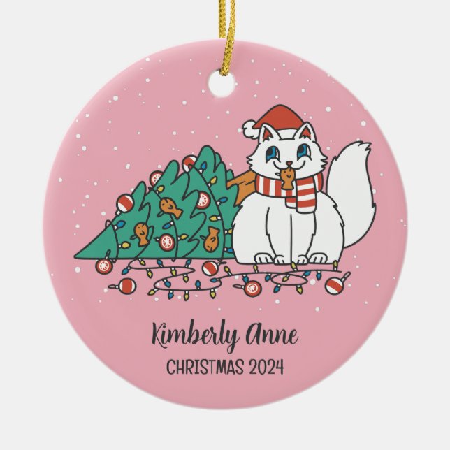 White Kitty Christmas Cat Snowy Winter Holiday Ceramic Ornament (Front)