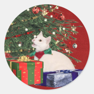 white kitty Christmas Classic Round Sticker