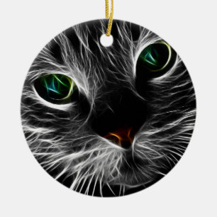 White Kitty Face Abstract Fractal Kitty Ceramic Ornament