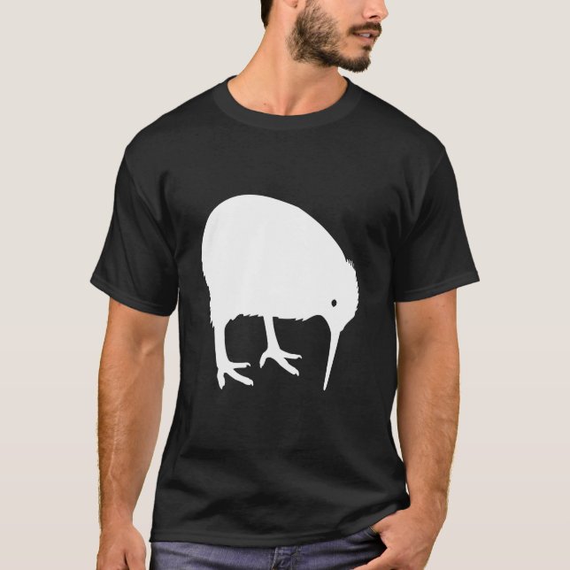 White Kiwi Bird Silhouette Pecking at the Ground T-Shirt (Front)