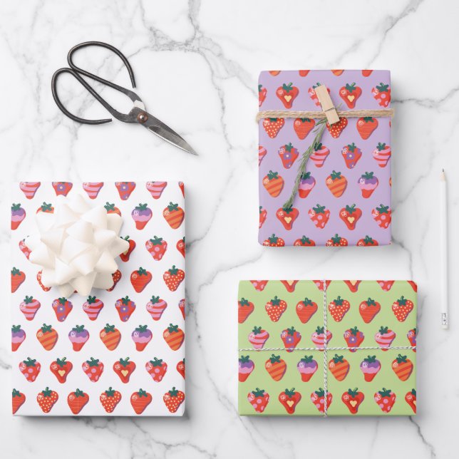 White-Kiwi-Plum Illustrated Strawberry Wrapping Paper Sheet (Front)