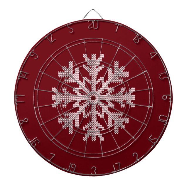 White Knit Snowflake in Holiday Burgundy Red Wine Dartboard (Front)