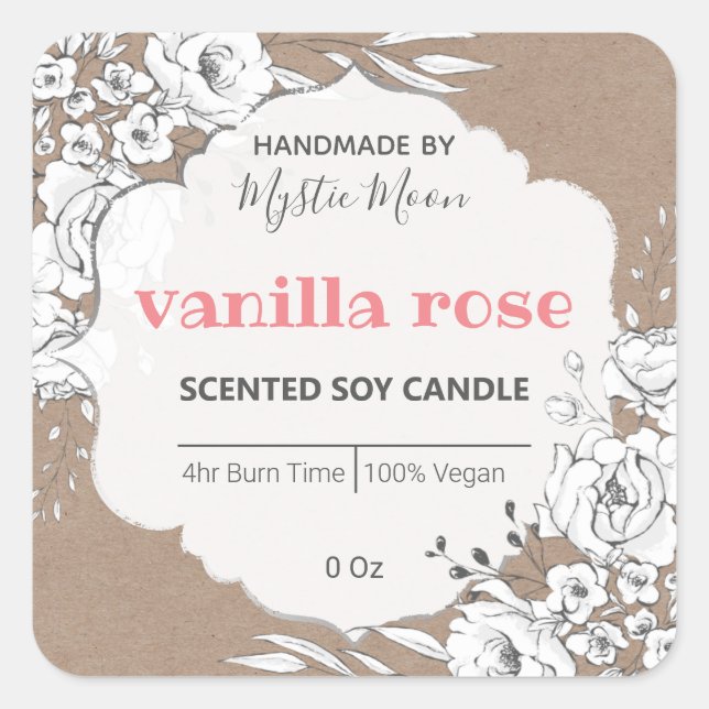 White Kraft Floral Soy Candle Label (Front)