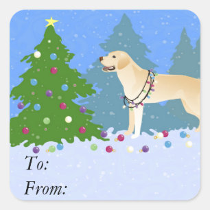 White Lab in the Forest Decorating Christmas Tree Square Sticker