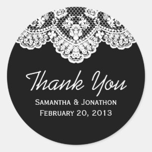 White Lace and Black Wedding Thank You Classic Round Sticker