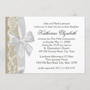 White Lace and Burlap First Communion Invitation