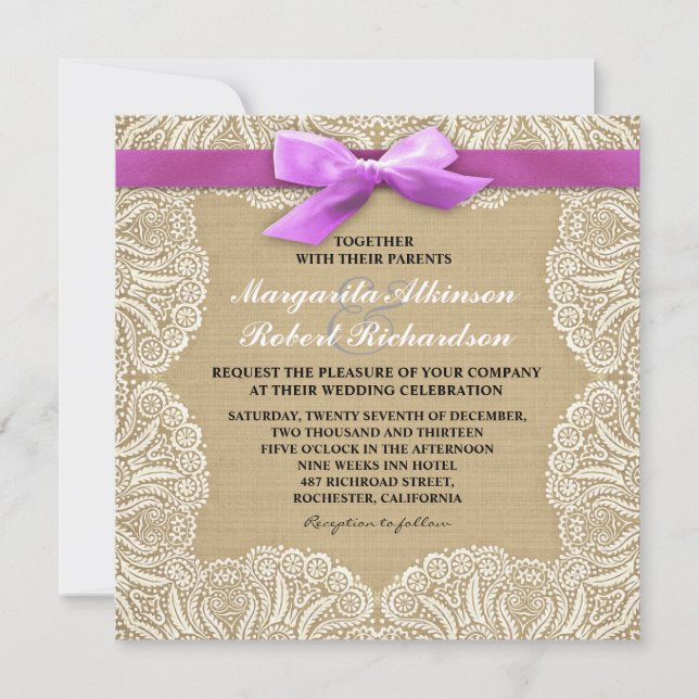 White lace and burlap wedding invitations (Front)
